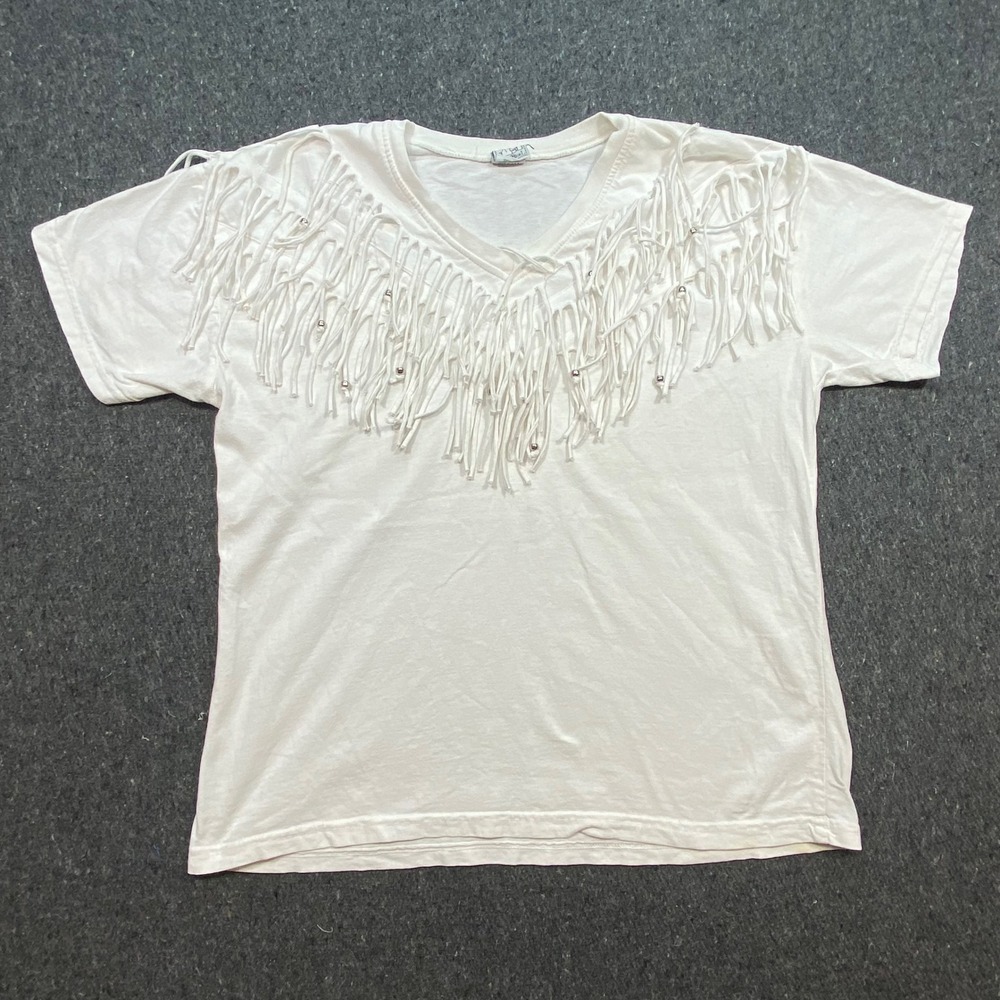 Ever Blue Fringe Shirt L Womens White Western Beaded V Neck Short Sleeve Cotton